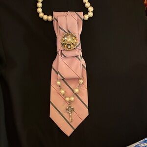 Elegant Mauve/Dusty Rose Pearl embellished Upcycled Necktie with Key Pendant